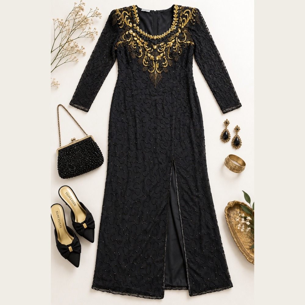 Vintage Silk Beaded Gown Black Gold Sequin Formal Dress 2X 80s Prom Retro 90s